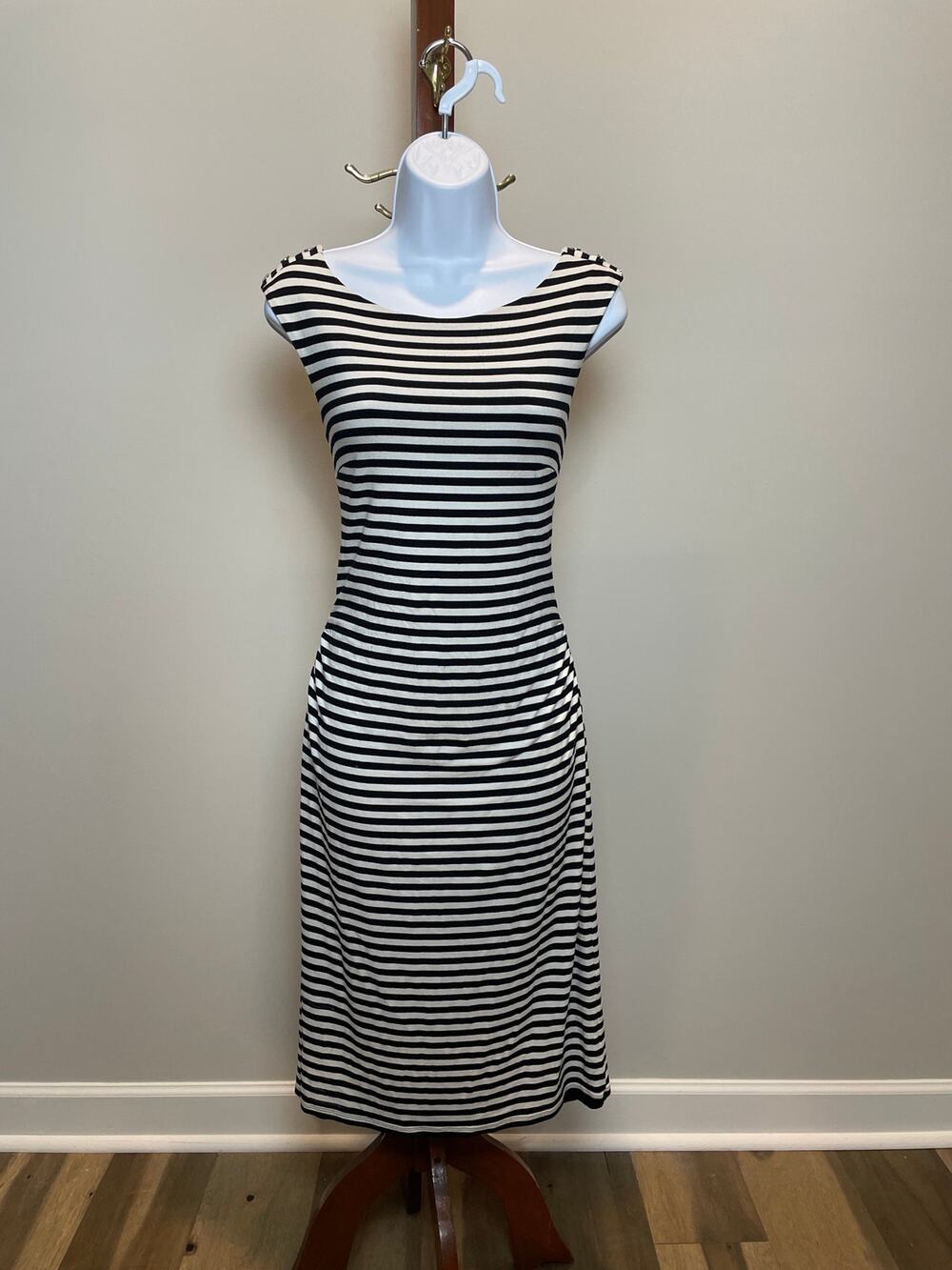 White House Black Market Striped Midi Dress Size L Knot Back